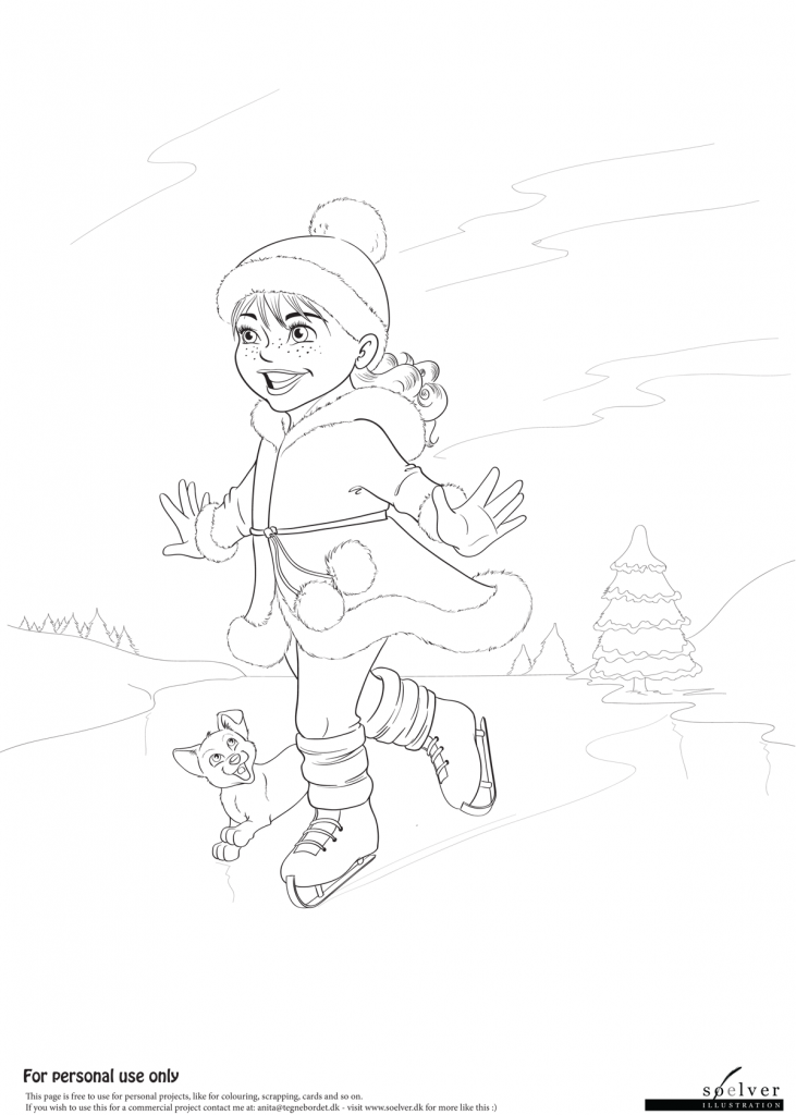 girl ice skating with dog coloring page 